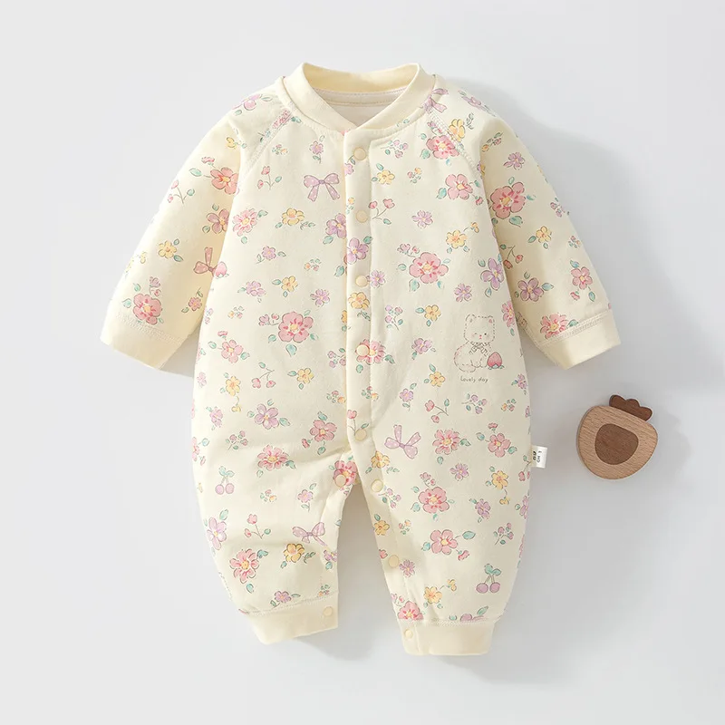 2026 Winter Newborn Rompers BELLBELL Infant Baby Girls Floral Printed Jumpsuits Toddler Kids Girls Padded One-piece Bodysuits