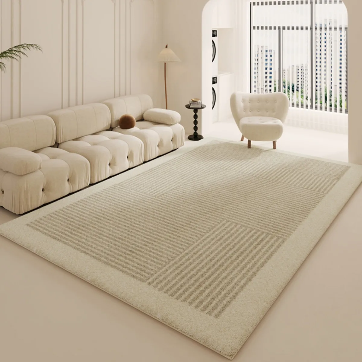

VIKAMA Imitation Cashmere Carpet, Beige Geometric Striped Pattern, Anti - Slip, for Living Room, Home Decoration