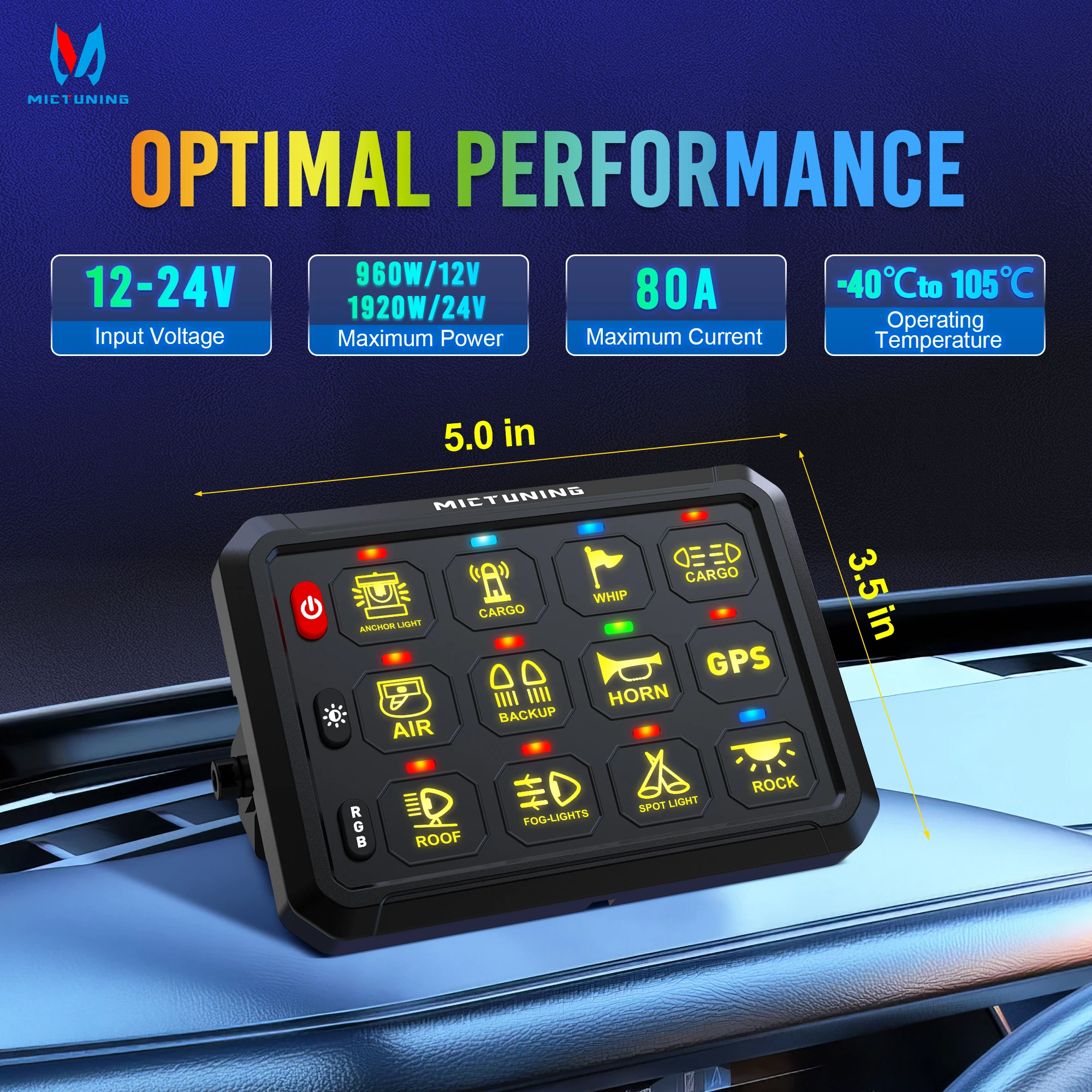 MICTUNING P1B RGB Colour & Monochrome Blue 8-Way and 12-Way Switch Panels, 5-inch Multi-Function Toggle Switch with Control Box