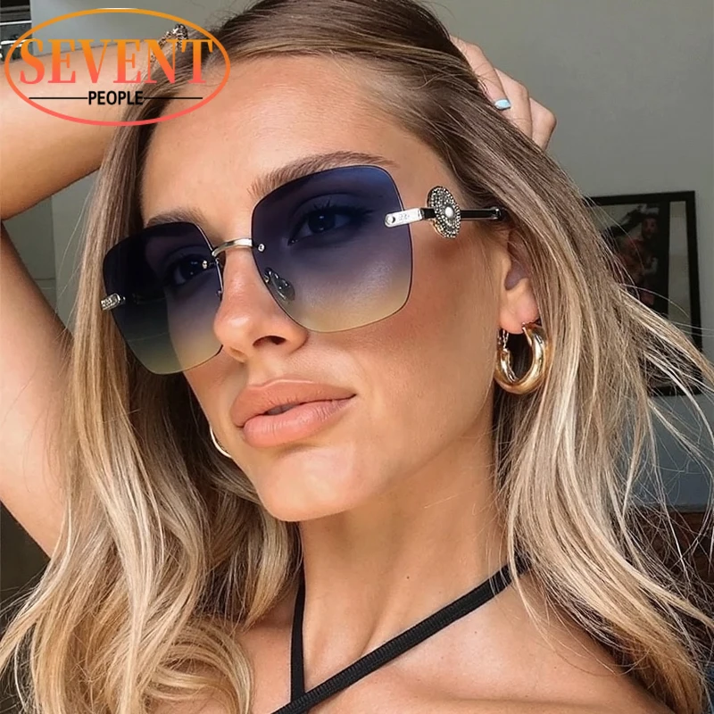 نظارات شمسية مربعة عصرية كبيرة الحجم بدون إطار 2025 ماركة فاخرة عتيقة Y2K بإطار معدني فاسق نظارة شمسية للسيدات بدون إطار