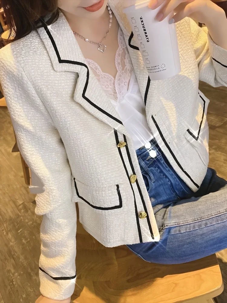 Women Blazer Casual Fashion Korean Vintage Elegant All-match Simple Soft Single-breasted Long Sleeve Street Office Lady Tops