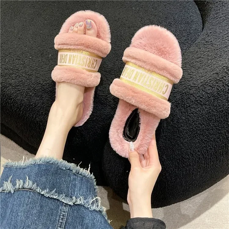 Comode pantofole in peluche da donna Open Toe autunno inverno Flats pantofole pelose Home Outdoor Letter Print Fleece Casual Designer Shoes