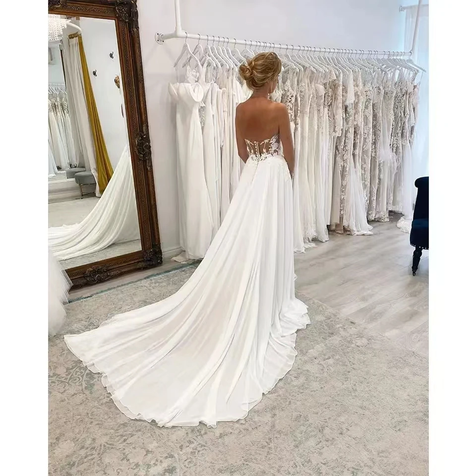 Sexy V-neck Applique Wedding Dresses 2024 Women Backless Lace Sweetheart Wed Gowns Sweep Train Thigh Slit Designer Bridal Gowns