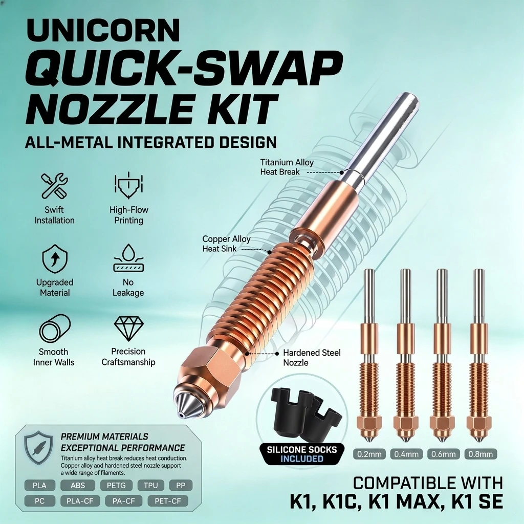 High Flow Unicorn Quick Swap Nozzle Kit For Creality K1C, K1 Max, K1 SE, Ender 3 V3, Ender 3 V3 Plus 3D Printer Parts