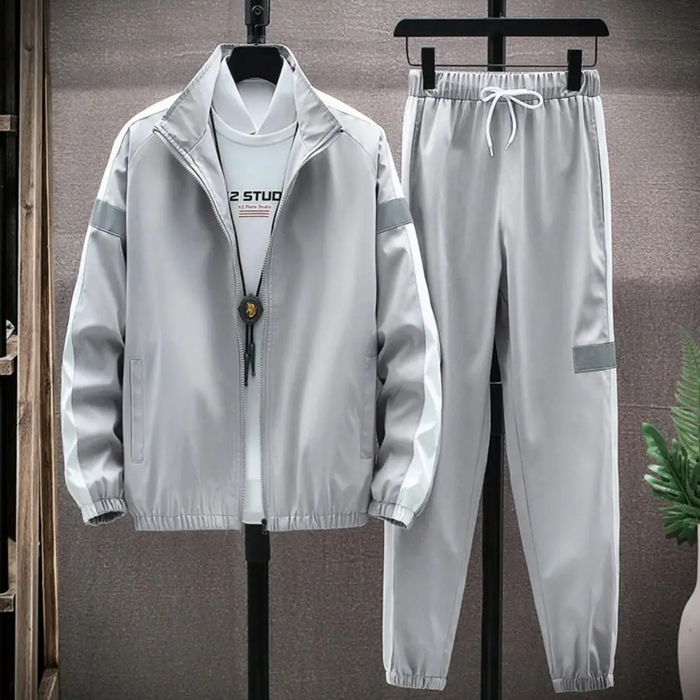 2 Pieces/set Of Men's Sportswear Suit Patchwork Color Stand Collar Long Sleeve Zipper Jacket Suit