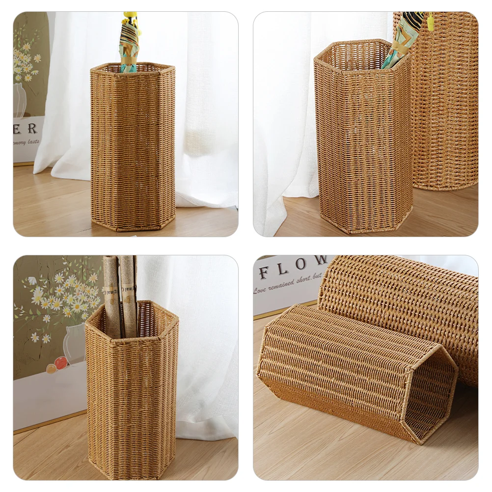 Imitation Rattan Umbrella Stand Bucket Home Storage Basket Holder for Entryway Office Indoor Artificial Folding Walking Stick