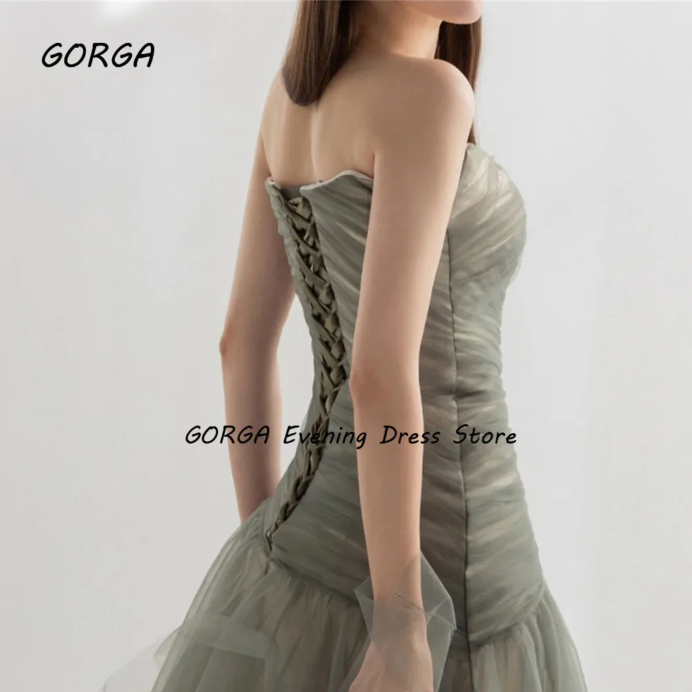 GORGA Simple Fairy Tulle A Line Korea Evening Dresses Wedding Photo shoot Strapless Floor Length Prom Gowns Bride Dress