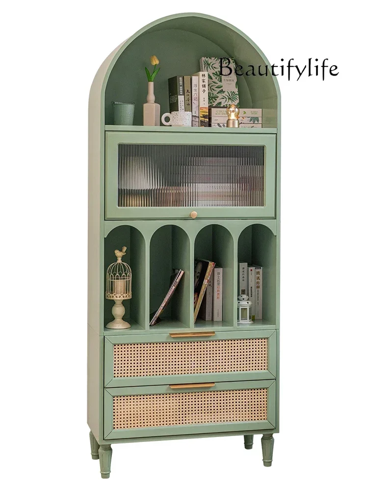 Arched bookcase rattan bookshelf floor-to-ceiling dining edge green locker Japanese study file cabinet