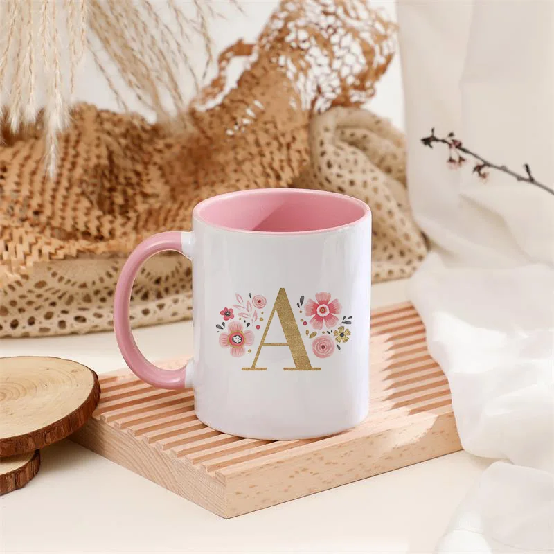 26 tazas de café esmaltadas con letras rosas y flores, bebidas creativas para fiesta nupcial, tazas de café, zumo, leche con asa, taza de agua, regalos de boda