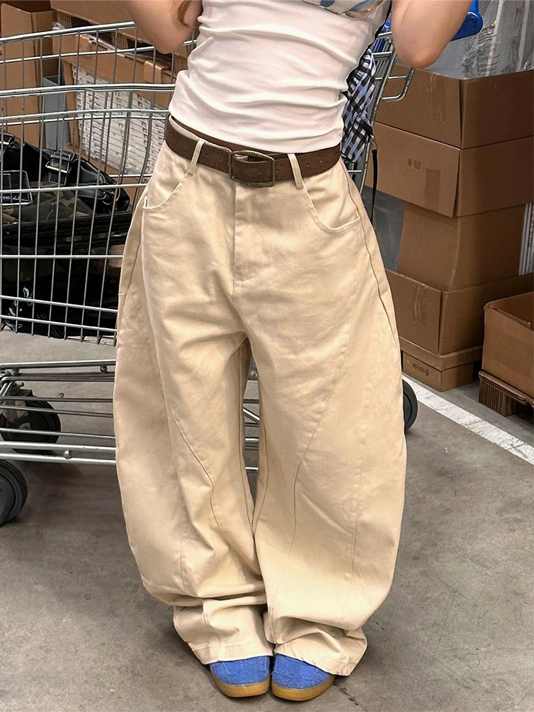 جينز نسائي كاكي عتيق بخصر عالٍ Y2k جينز مطرز فضفاض وواسع الساق موضة خريف 2025 من قماش الدنيم #2