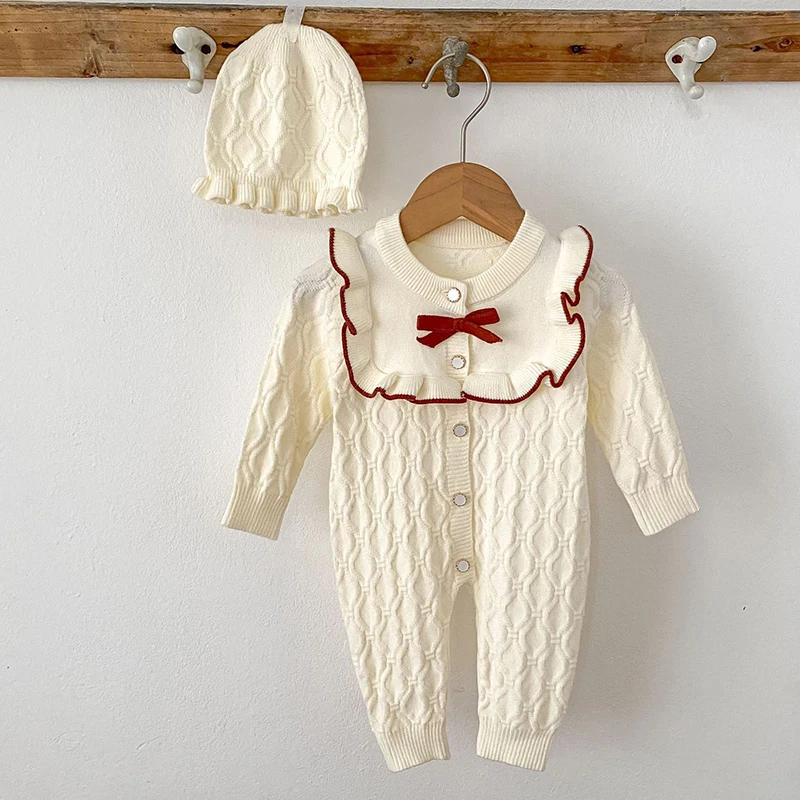 جديد خريف 2025 0-24 متر ملابس الأطفال المحبوكة الرضع طفل الفتيات محبوك بذلة + قبعة طفل رضيع فتاة محبوك رومبير