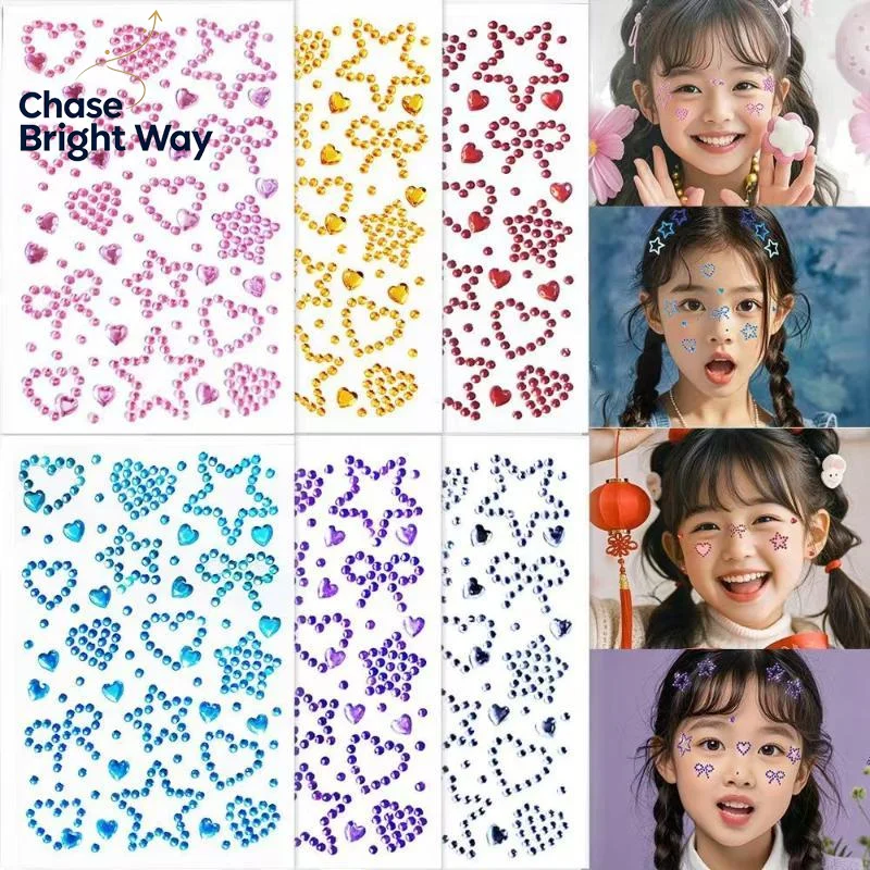 Heart Star Design Face Rhinestone Stickers 1 Sheet Colorful Self Adhesive for Wedding Bridesmaid Makeup Decor