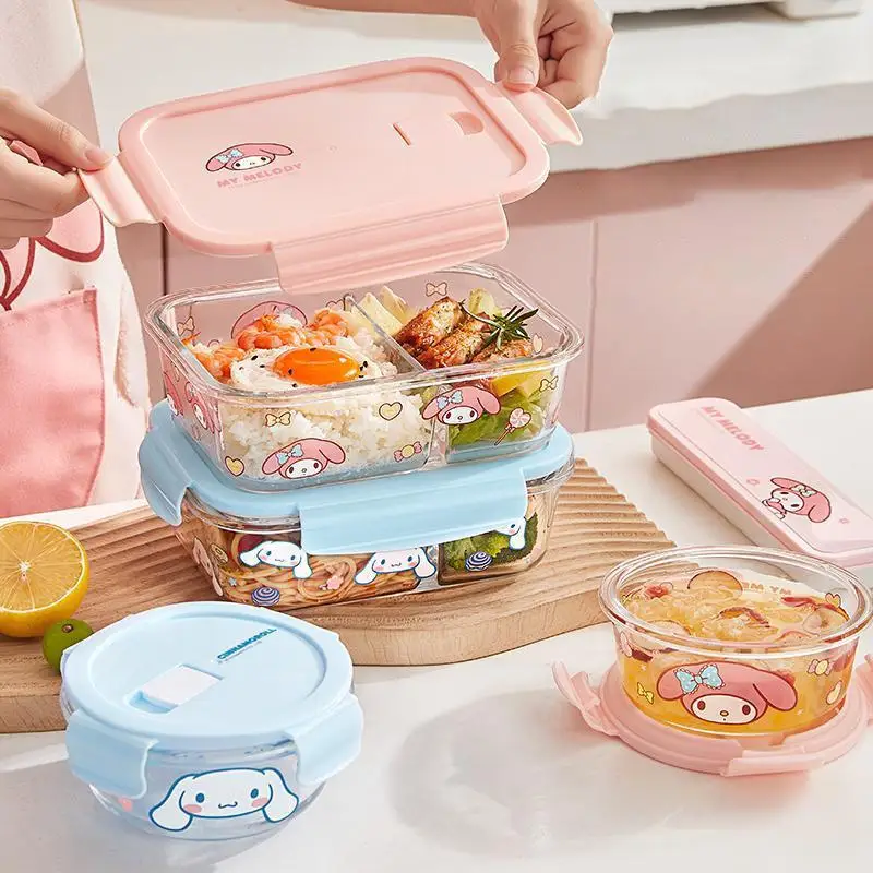 1000Ml Sanrio Kawaii Hello Kitty Lunch Box My Melody Cinnamoroll Cute Large Capacity Student Cartoon Printing Glass Bento Box