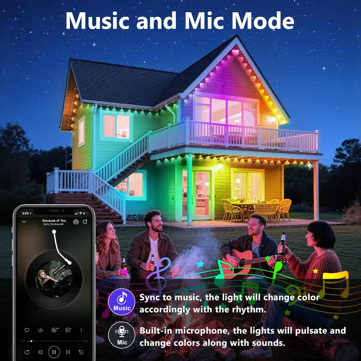 300FT RGB Outdoor Eaves Lights with App Control, IP67 Waterproof, DIY Scene Modes for Garden Decor and Parties