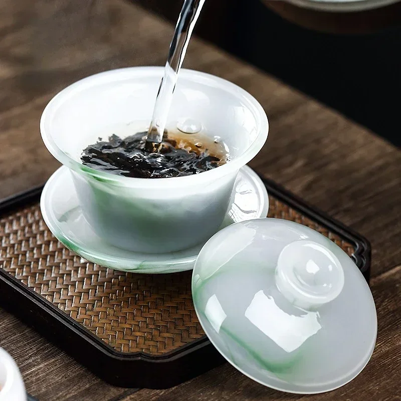 Emerald Green Ink Tea Cup Jade Porcelain Sancai Covered Bowl Bowl Tea Tureen Glass Kungfu Set Accessories Gift