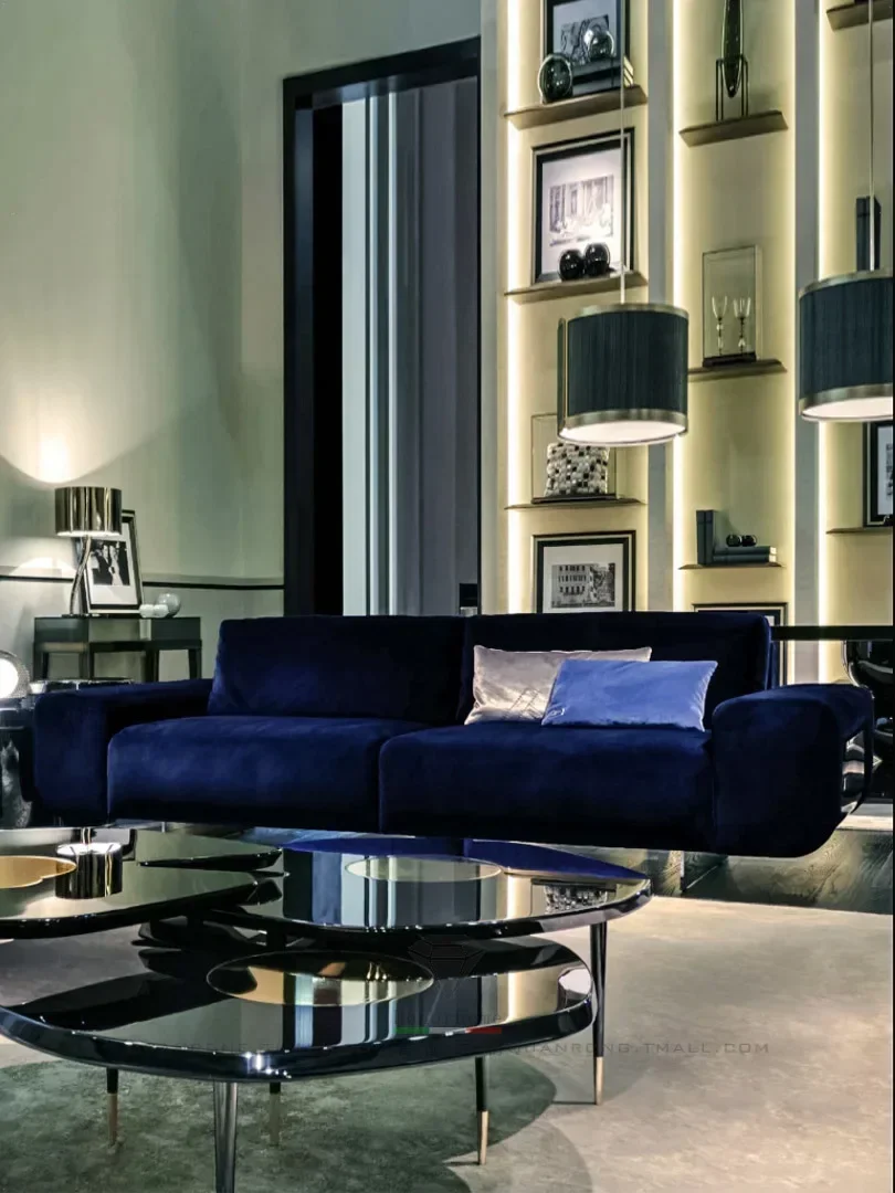 Light Luxury Blue Sofa Italian Velvet Three-Seat Sofa One-Line Modern Simple Sofa for Multi-User Fashion Customization