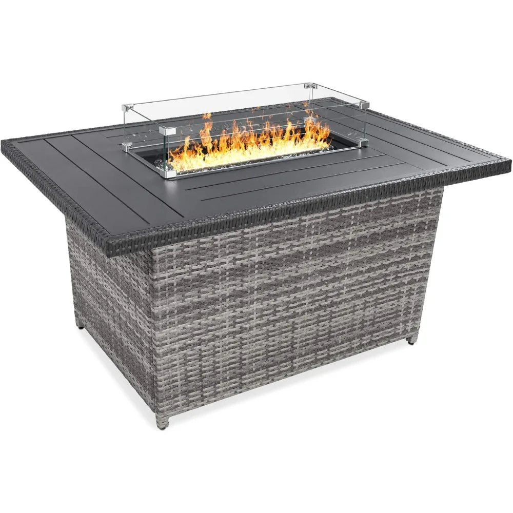 

52in 50,000 BTU Outdoor Wicker Patio Propane Gas Fire Pit Table, W/Aluminum Tabletop, Glass Wind Guard, Outdoor Fire Pit