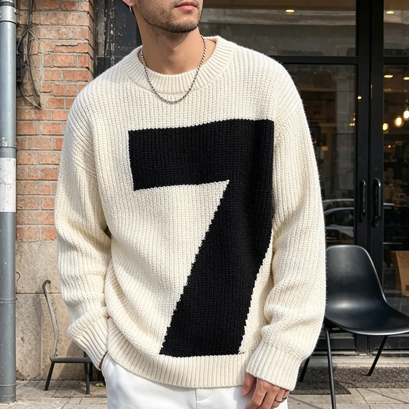Men's Crew Neck Knit Sweater Autumn Winter Letter Pattern Fashion Casual Long Sleeve Pullover Streetwear Comfortable Sweater