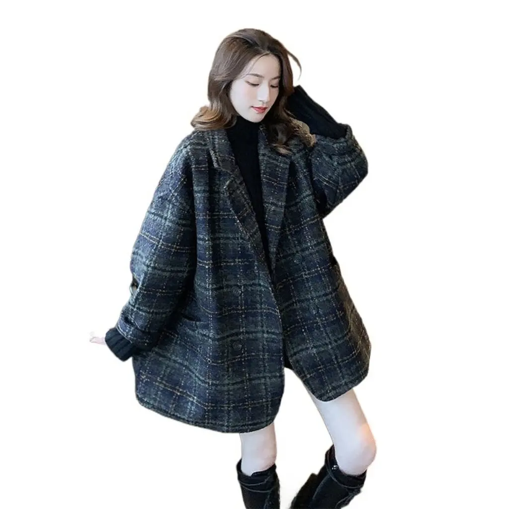 

Women's Plaid Mid-Length Thickened Woolen Coat Jacket High-Grade Style Loose Fit for Autumn Winter