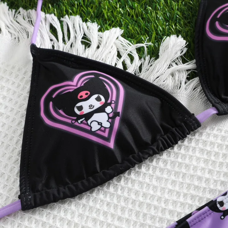 Kuromi Print Sexy Women Bikini Set 2024 Summer Sanrio Purple Swimsuit Set Casual Beach Vacation Lace Up Pure Desire Lingerie Set