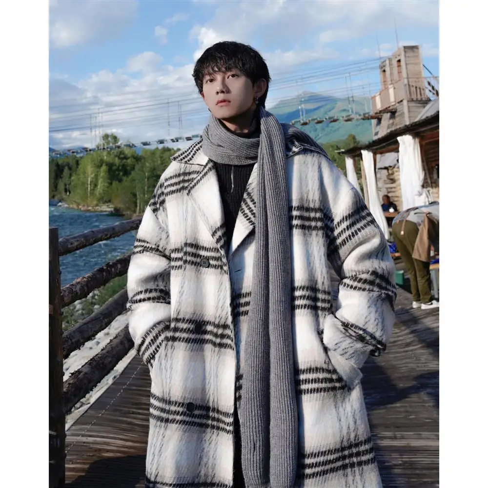 

2023 New Arrival Winter Jacket Fashion Plaid Woolen Overcoat Men's Casual Wool Blends Trench Coat Men Cashmere Jackets Y66