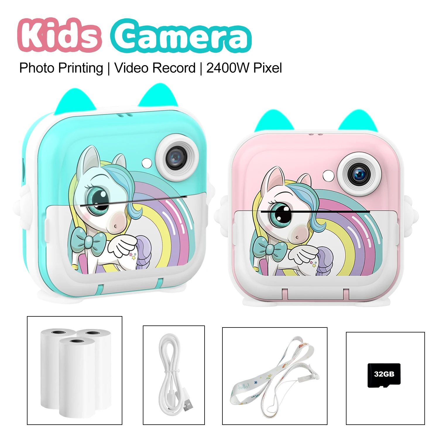 Children HD Digital Camera Instant Print Photo Label Thermal Printing Photograph Video Print Camera Toys With 32G Memory Card