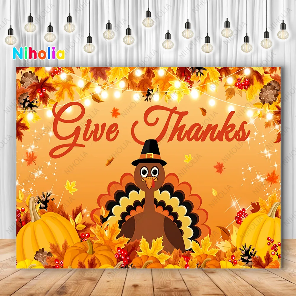 Autumn Thanksgiving Day Backdrop Fall Pumpkin Maple Leave Turkey Farmhouse Barn Harvest Photography Background Decoratio Banner