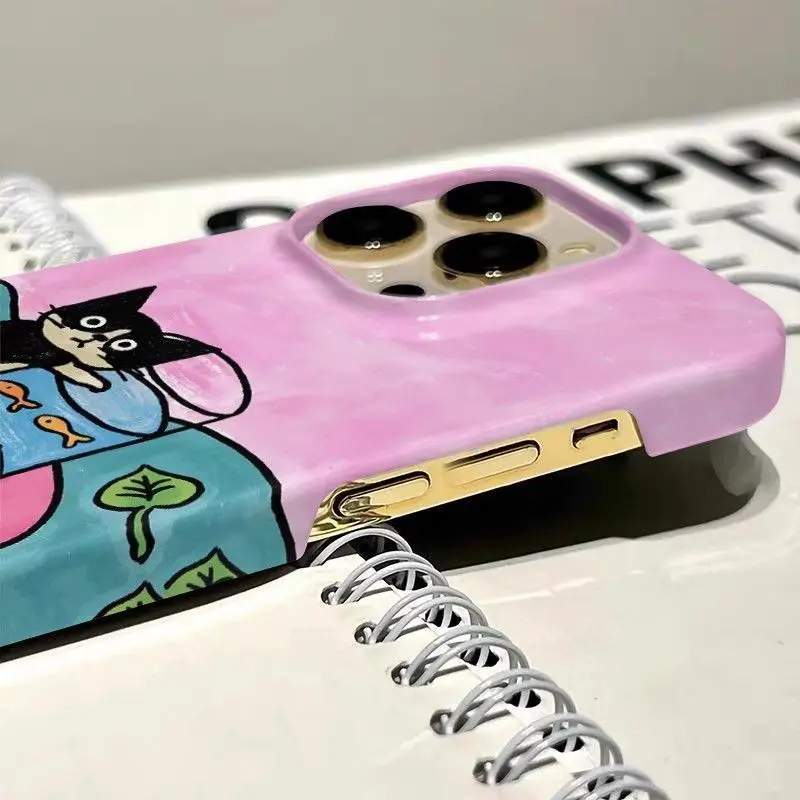 Ins Cute Cartoon Tuxedo Cat Goldfish Bowl Oil Painting Phone Case for iPhone 17 16 15 14 13 Pro Max 12 11 Back Cover view 3