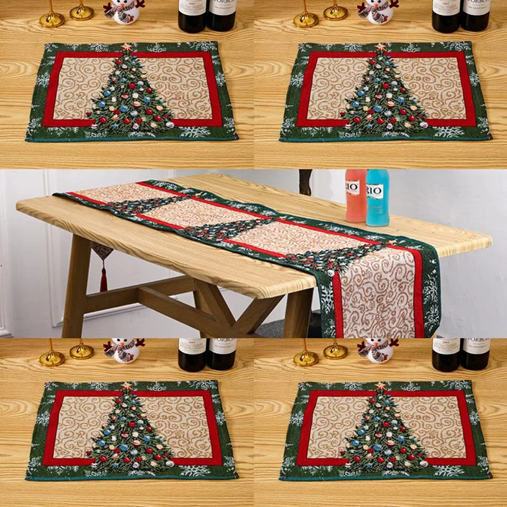 Christmas Home Decoration Set 1table Flag and 4 Placemats Christmas Tree Table Flag Placemat Set Santa Claus Tablecloth Placemat