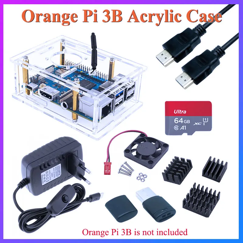 

Orange Pi 3B Case Transparent Acrylic Shell Optional Aluminum Heatink Cooling Fan Power Adapter for OPI 3B