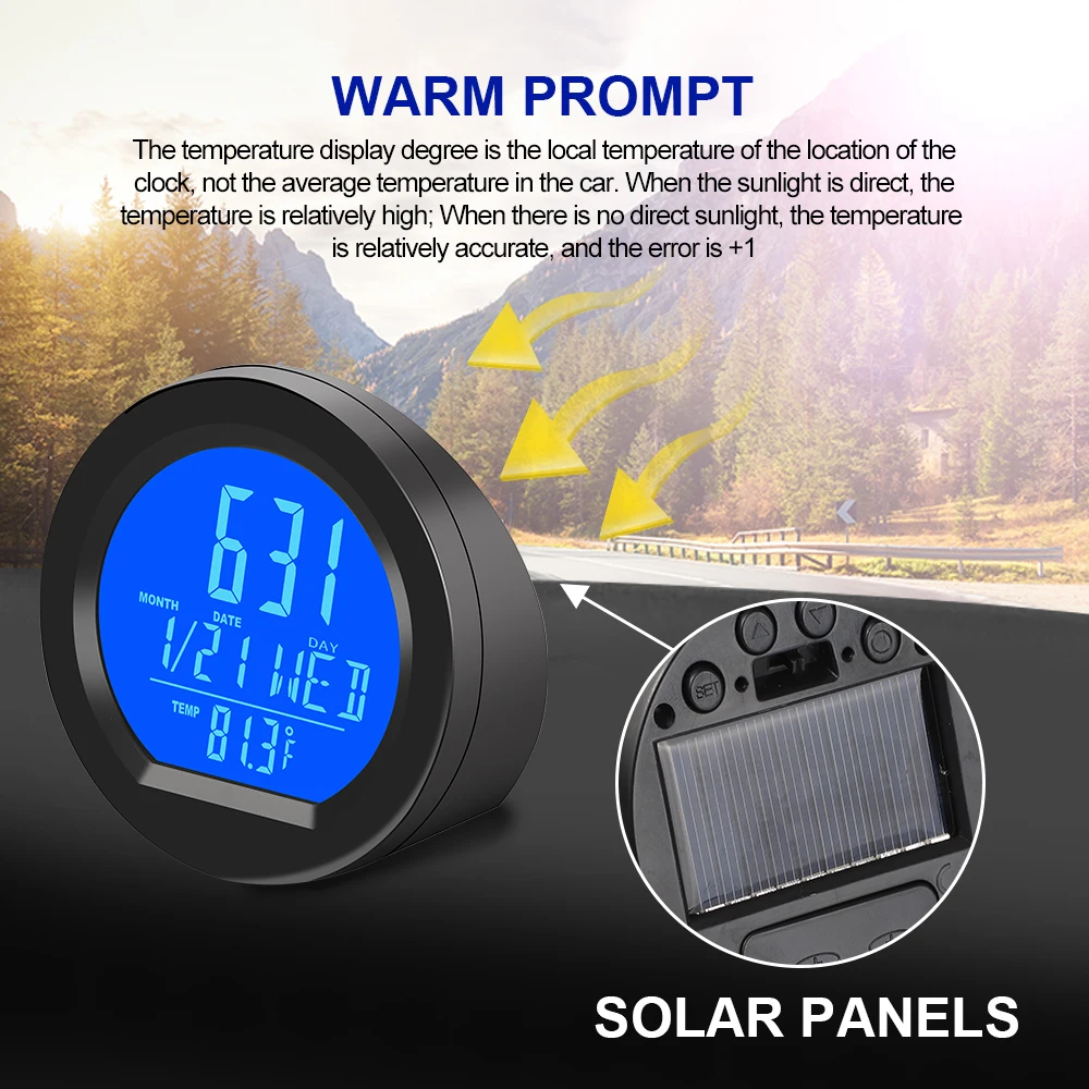 Solar Car Clocks For Dashboard Digital LCD Clock Temperature Time Display Dashboard Clocks Backlight Electronic Screen Clock