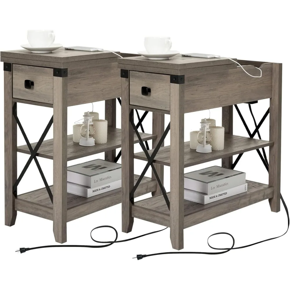 

Narrow End Table with Charging Station - Farmhouse Slim Side Table Set of 2, w/USB Ports Power Outlets, Nightstand w/Flip Top St