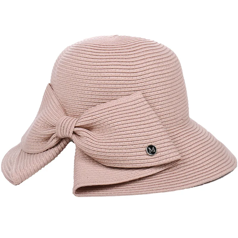 New Popular Bow Anti-UV Sun Hat Cap Wide Brim Summer Hats For Women Beach Panama Straw Dome Bucket Cap Breathable Visor Bonnet