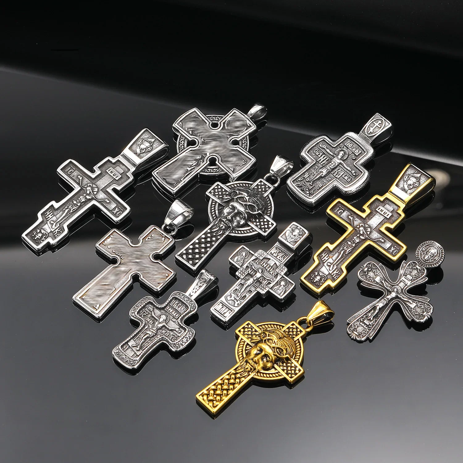 Multi-style Retro Jesus Cross Pendant Necklace Stainless Steel Chain Punk Amulet Orthodox Jesus Men's Necklace Jewelry Wholesale