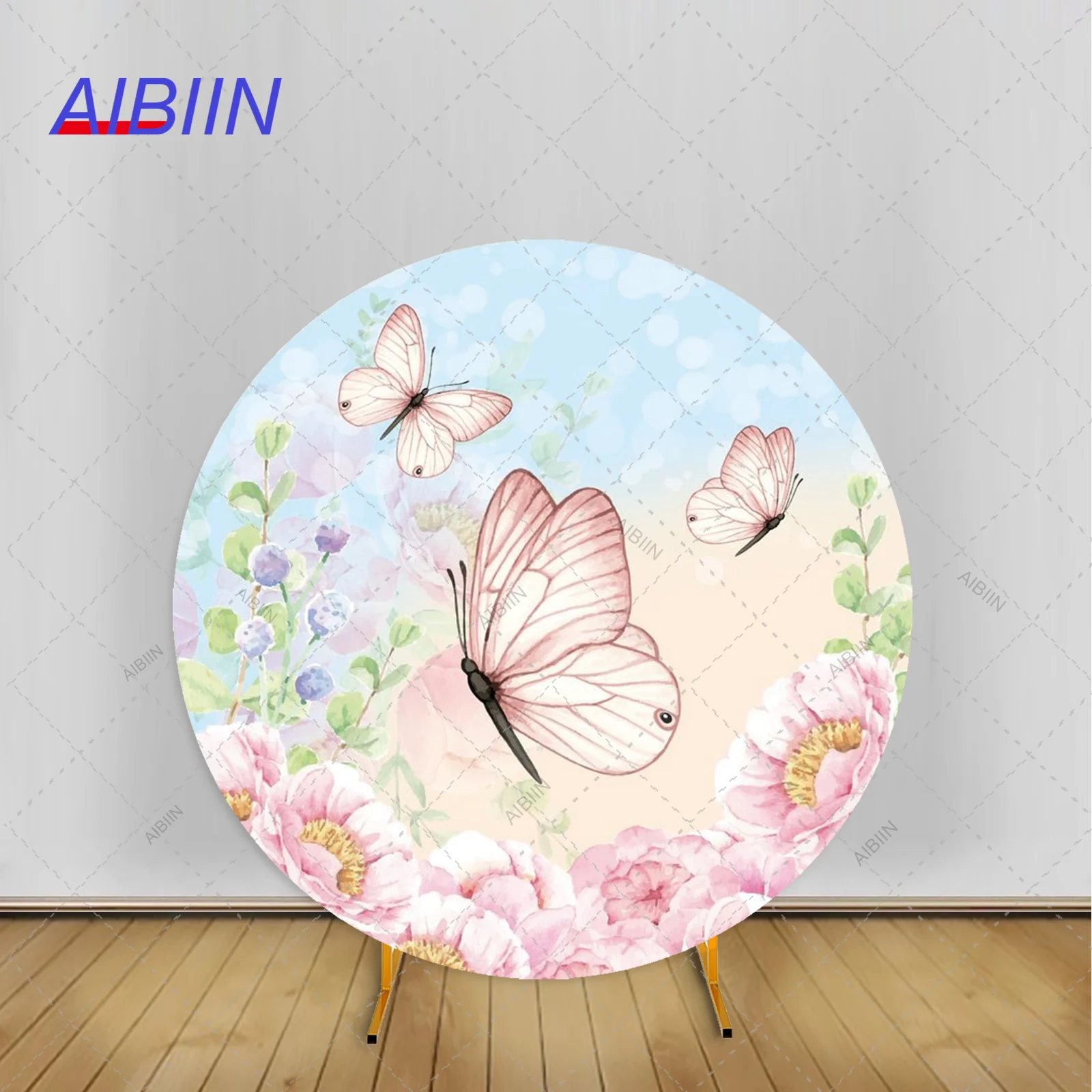 

Butterfly Birthday Round Backdrop Cover Floral Girl Baby Shower Party Decor, Cake Portrait Photozone Photography Background