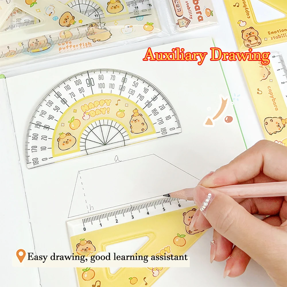 2024 Capybara Anime Kawaii Cartoon Ruler Set Cute Cartoon Students Stationery Triangle Protractor Set Kids Gifts