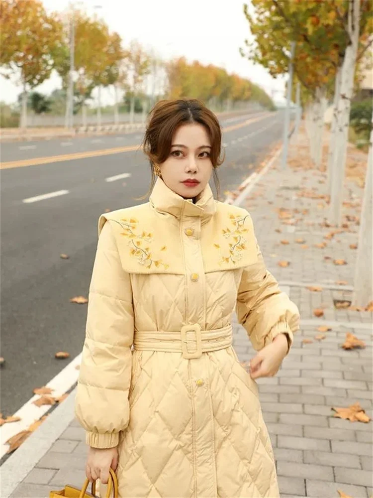 

2023 Winter New Cold and Warm Retro Ladies Spell To Receive Waist and Down Cotton-padded Jacket Woman Long Cotton-padded Jacket