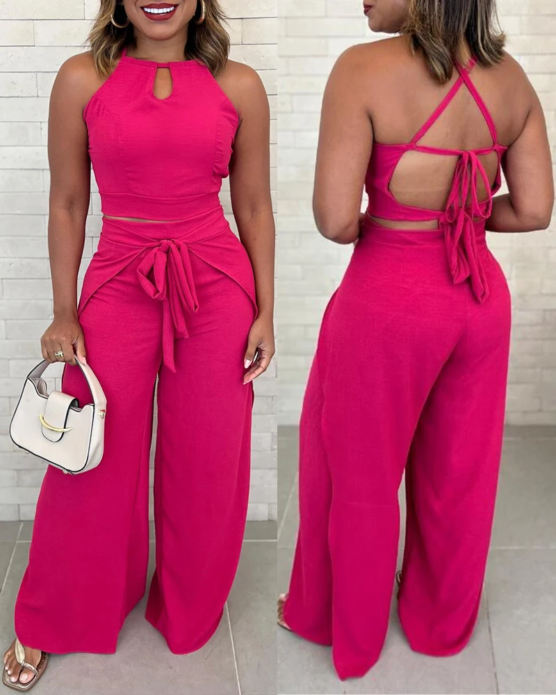 

2025 Summer 2 Pieces Summer Outfits Halter Sleevelss Hollow Out Top and Casual Faux Two Piece Tied Detail Wide Leg Pants Set