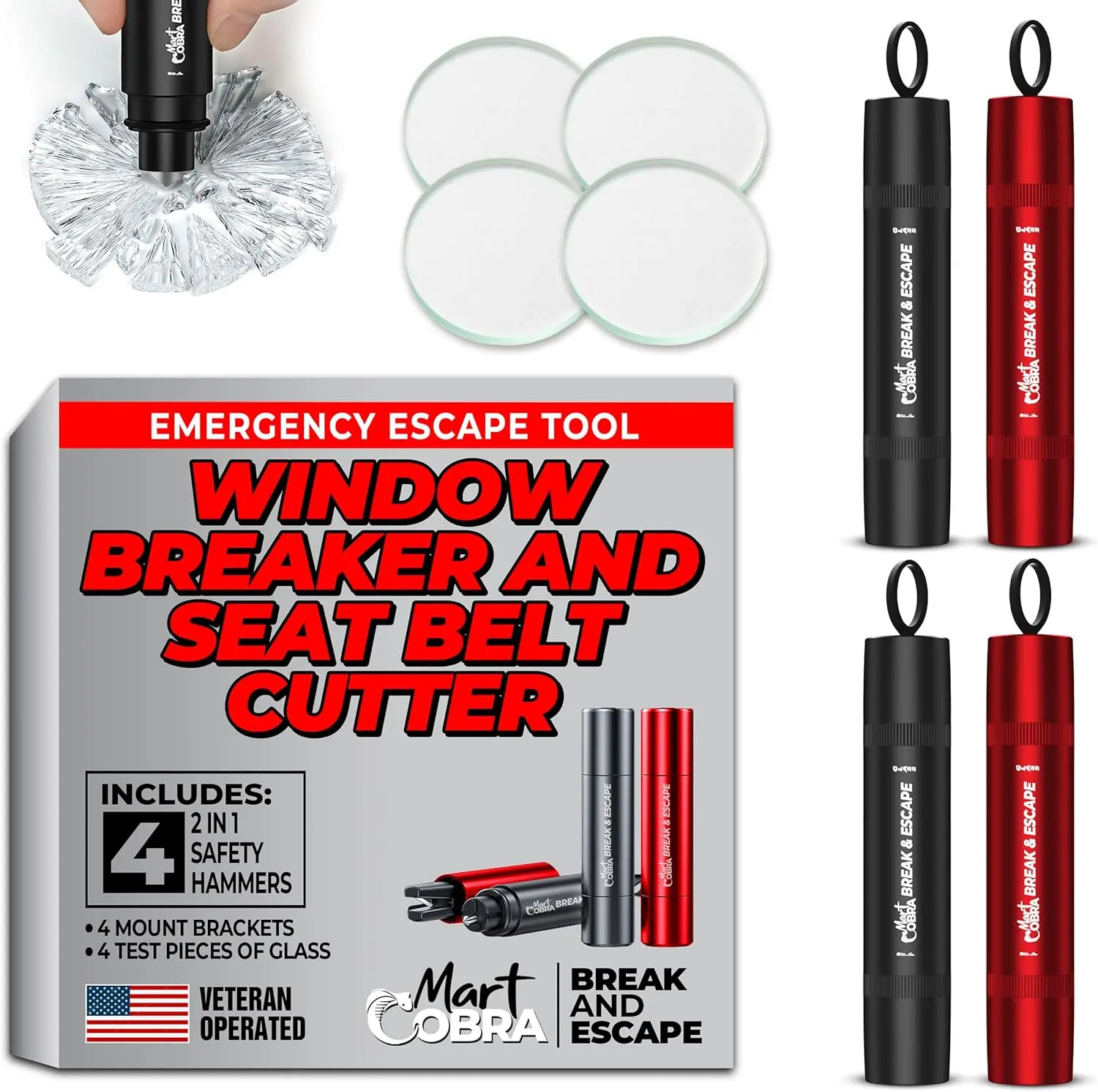 

Emergency Car Escape Tool 4-Pack: Window Breaker & Seatbelt Cutter, Safety Hammer for Auto Rescue
