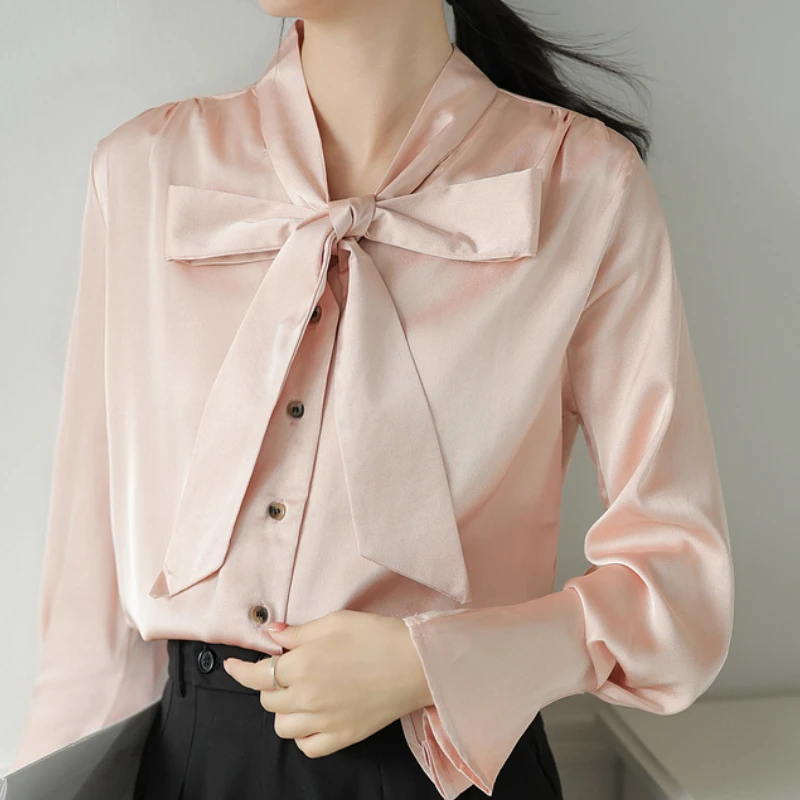 Females Blusas Mujer Fashion Chiffon Blouses for Women Clothing Solid Elegant Sweet Tops Flare Sleeves V-Neck Bow Dropshipping