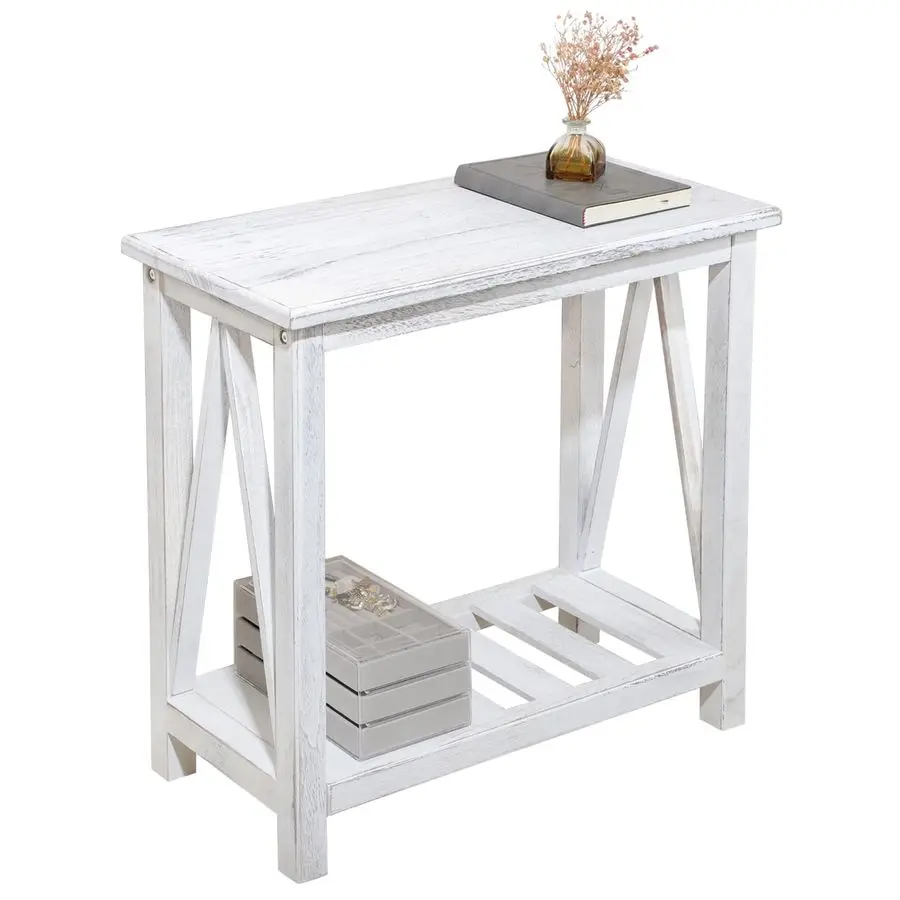 

Narrow End Table Wooden Rustic White Side Tables with Storage Shelves Narrow Sofa Table for Small Spaces Living Room Bedroom Bat