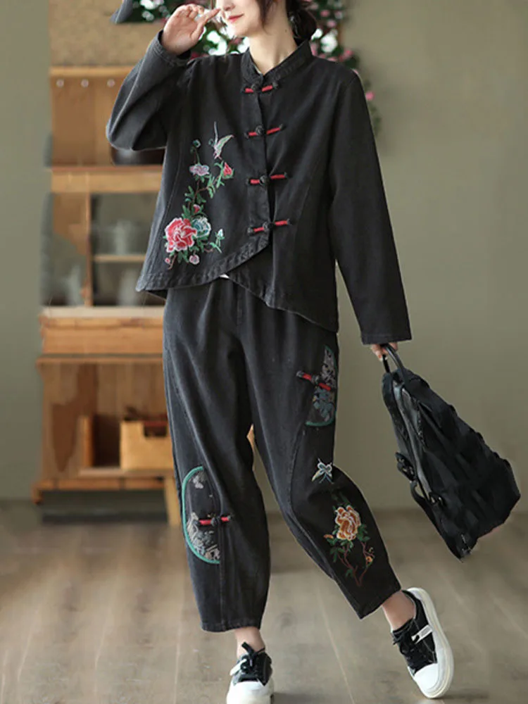 Max LuLu 2022 Fall Chinese Style Suits Womens Denim Floral Two Pieces Sets Loose Fashion Jacket Vintage Elastic High Waist Jeans