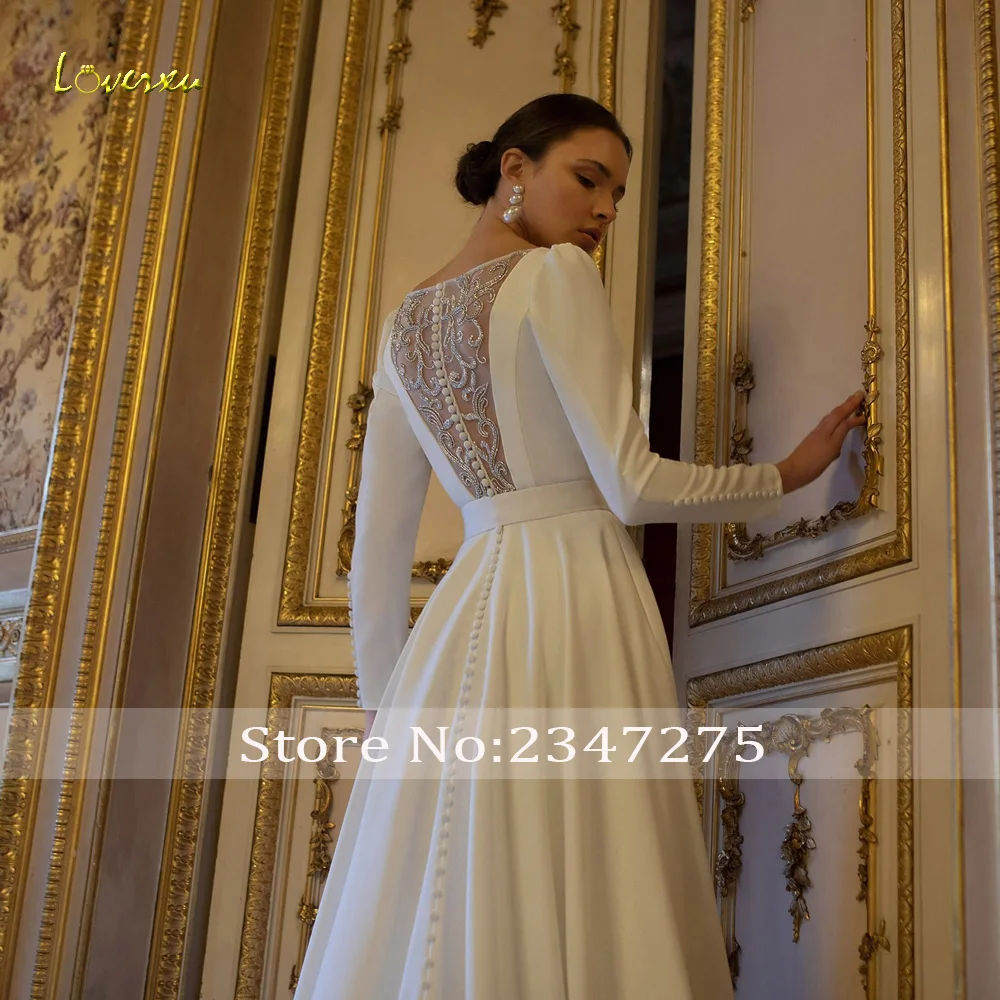 Loverxu linha a cetim fosco vestidos de casamento vintage o pescoço manga longa robe de mariee volta frisado simples feito sob encomenda vestido de noiva