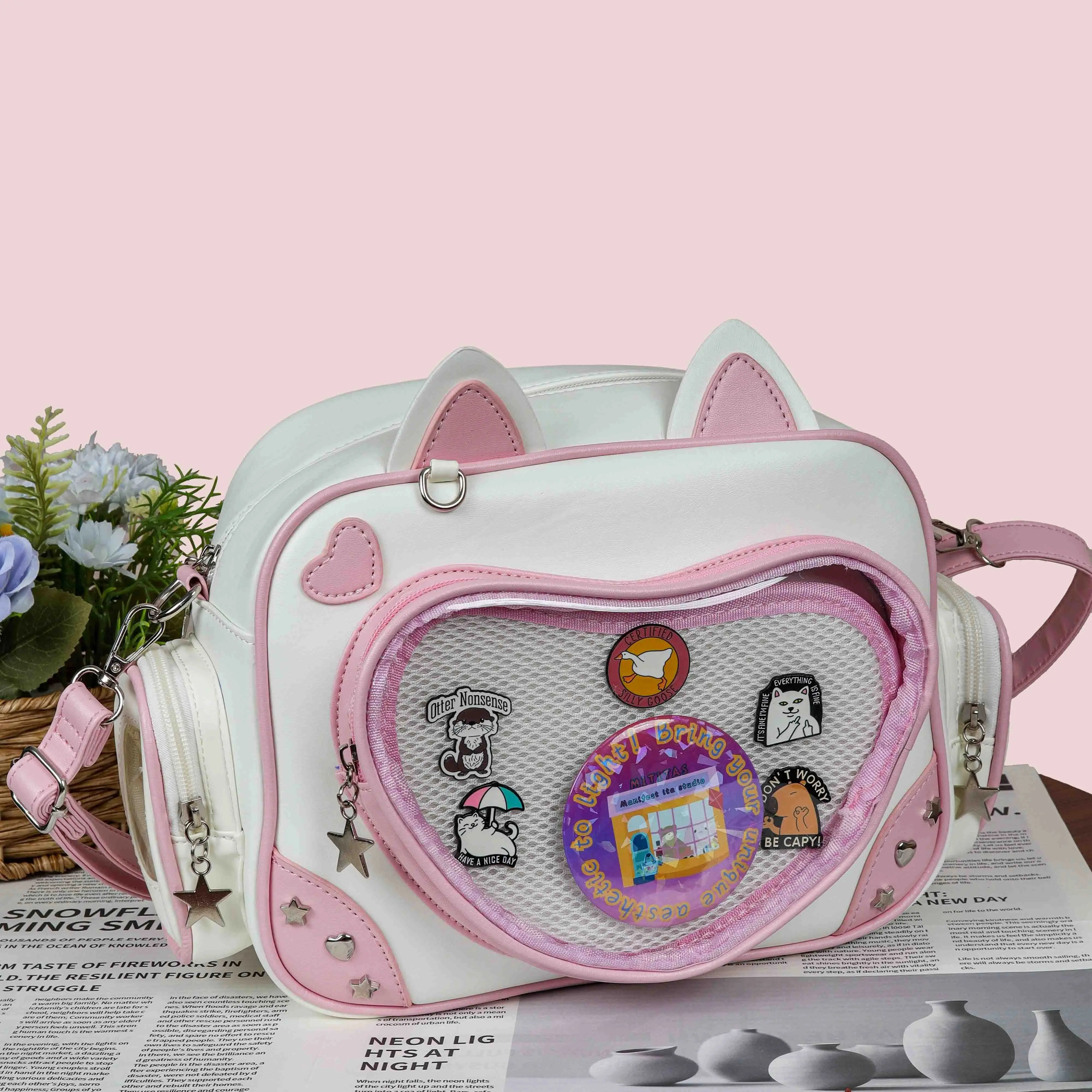 Kawaii Cat Ear Ita Bag 3-Way Convertible Backpack Crossbody Transparent Window Mesh Insert Enamel Pins Badge Display