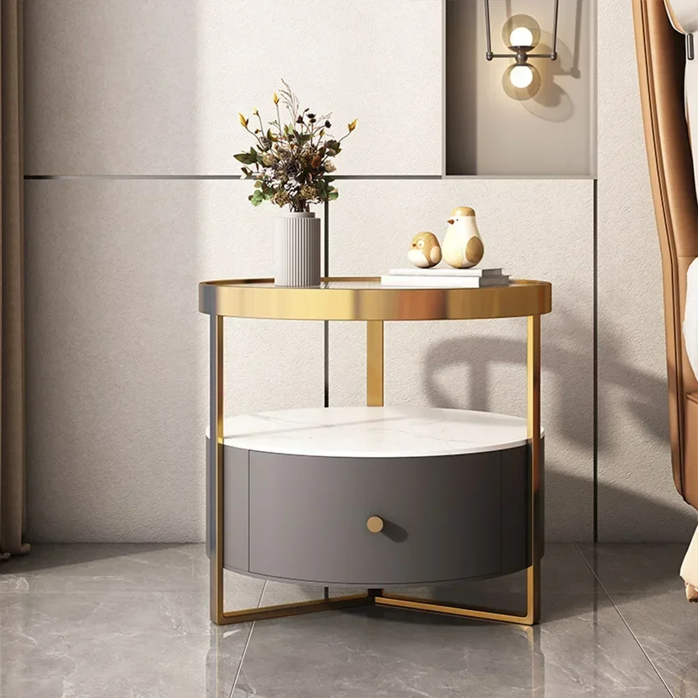 l Modern Luxury White Gold Glass Top Bedside Table Round Nightstand Bedside Tables Living Room Sofa Side Storage Coffee Table