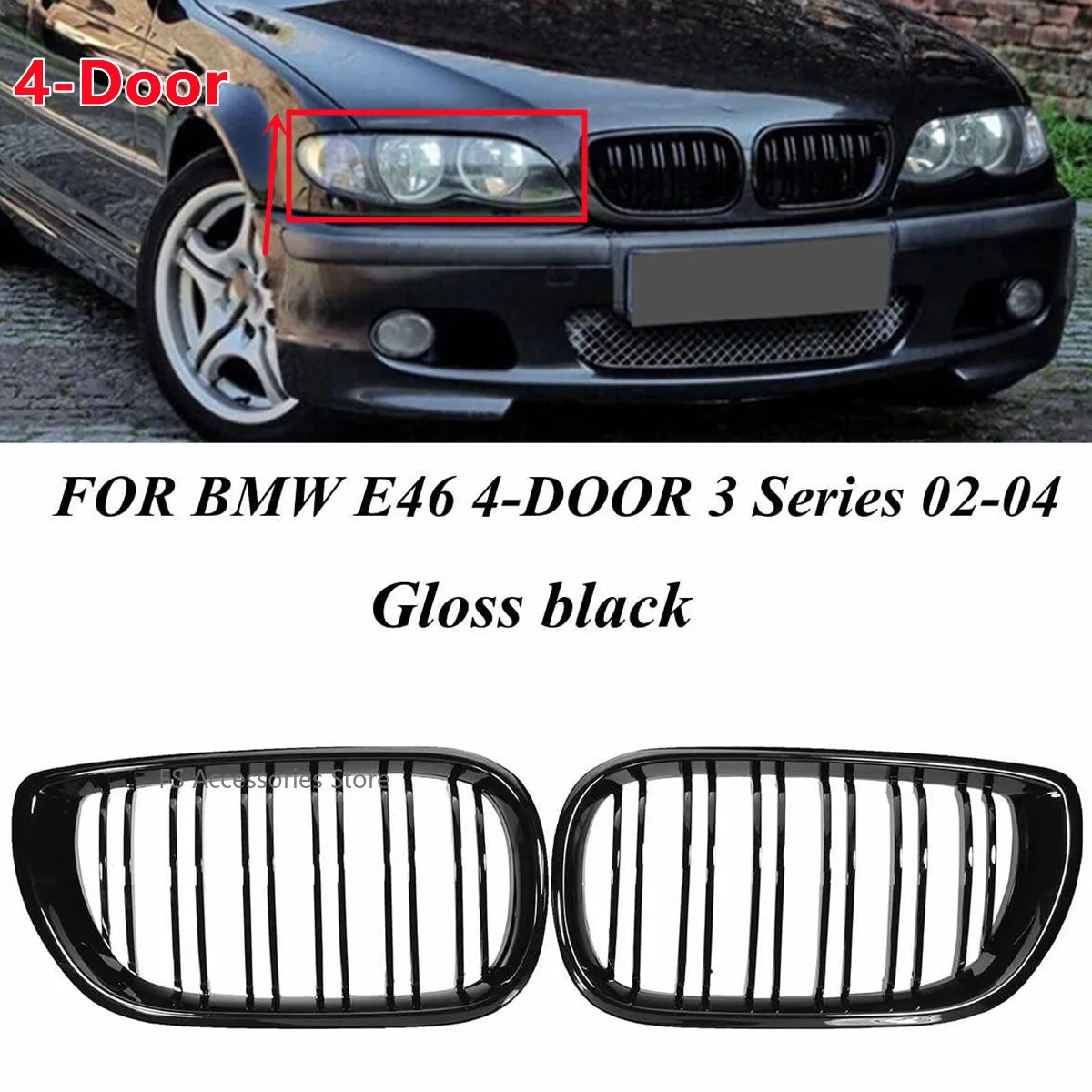 

Car Front Bumper Kidney Grill Glossy Black Double Slat Hood Grille For BMW 3 Series E46 4 Door 2002 2003 2004 2005 Racing Grills