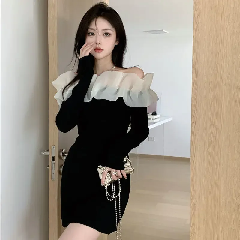 Temperament Sexy Mesh Ruffled Hip Long Sleeve Slash Off The Shoulder Black Dress Bodycon Slim Robe Femme Party Vintage