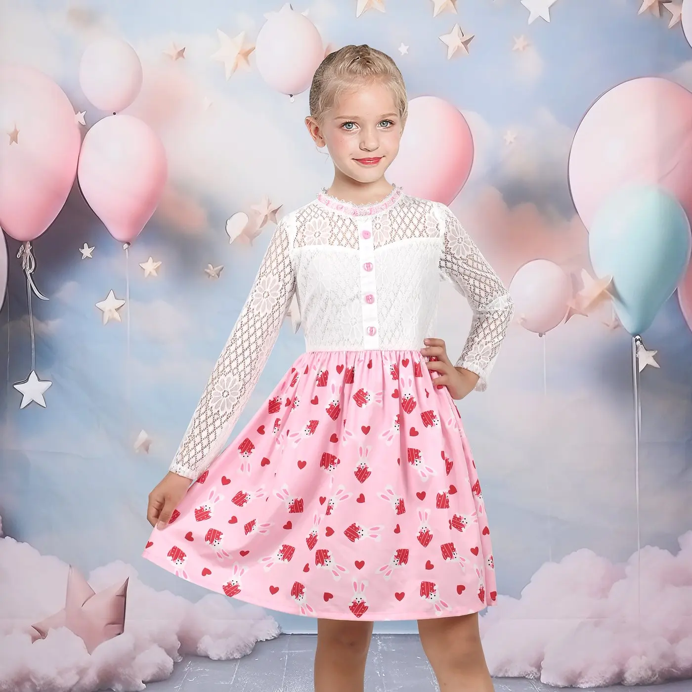 Girls Dress Easter Bunny Heart Lace Pink Lovely Holiday Spring Festival