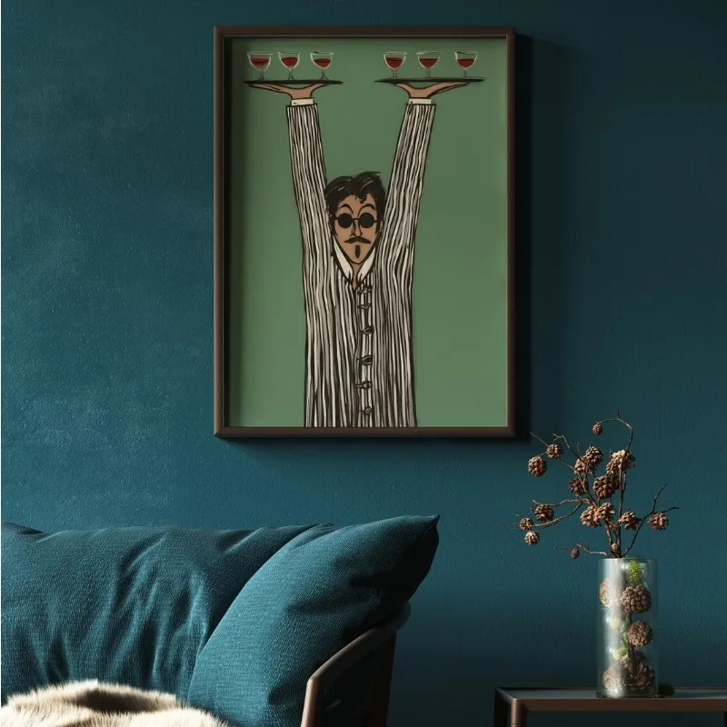 Modern Fashion Surreal Food Service Poster Abstract Quirky Waiter Cocktail Canvas Painting Wall Art Bar Kitchen Room Home Decor