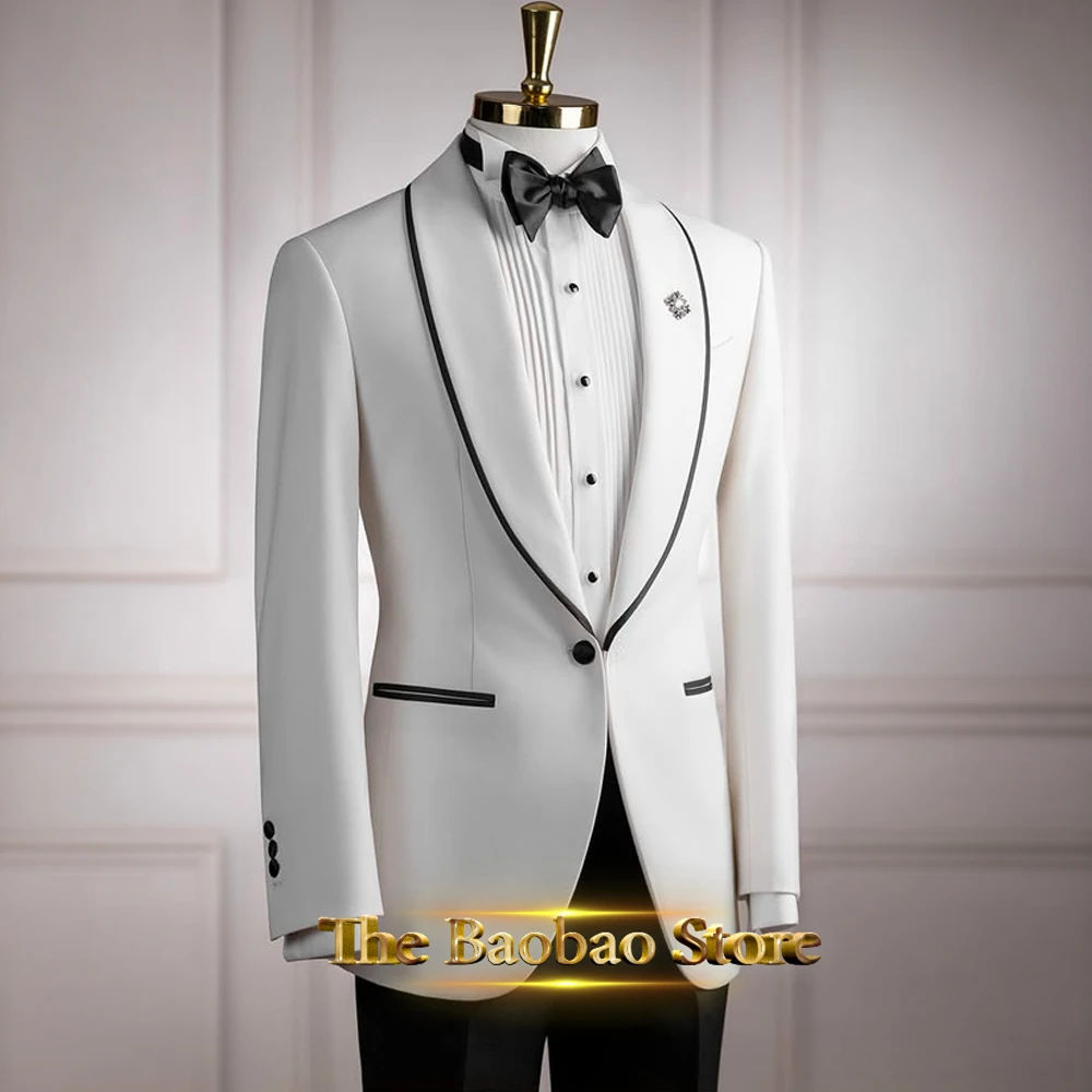 Men's 2-Piece White Suit Slim-Fit Shawl LapelJacket with Black Piping and Matching Trousers Tailored Set for Wedding Prom Party